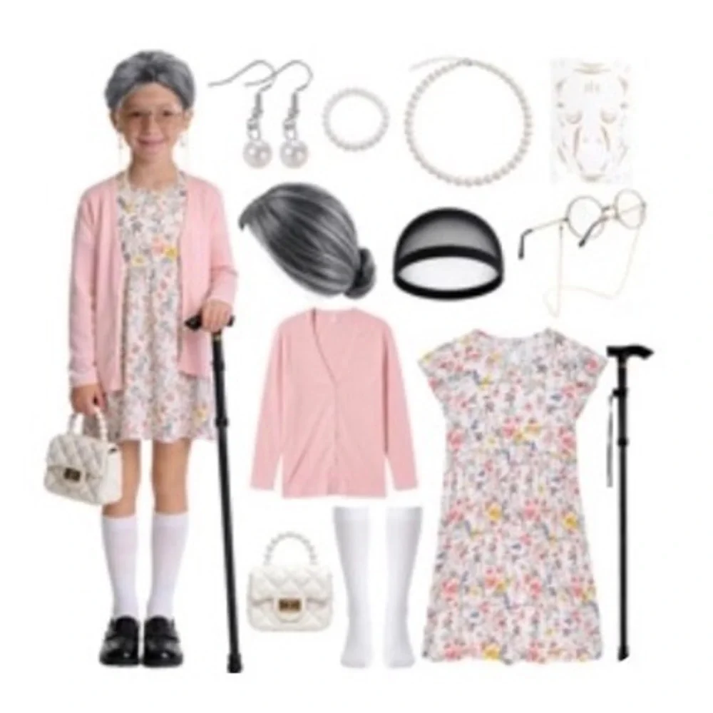 Old Lady Costume Kids 7 Years 100th Day of School Floral Dress Wig Cane Set